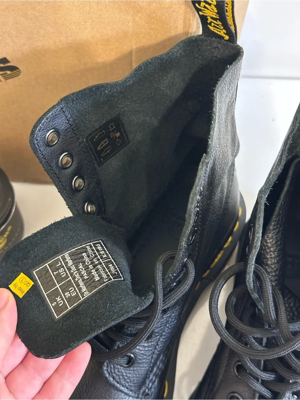 Dr. Martens Black Leather 8-Eye Boots with Yellow Stitching